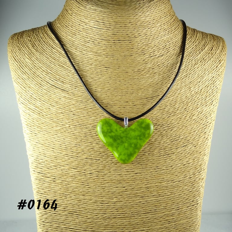 Green handcrafted fused glass heart pendant on a black leather cord (0164)
