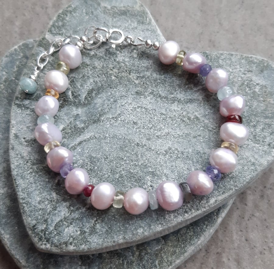 Freshwater Cultured Pearl Mixed Gemstone  Sterling Silver Bracelet