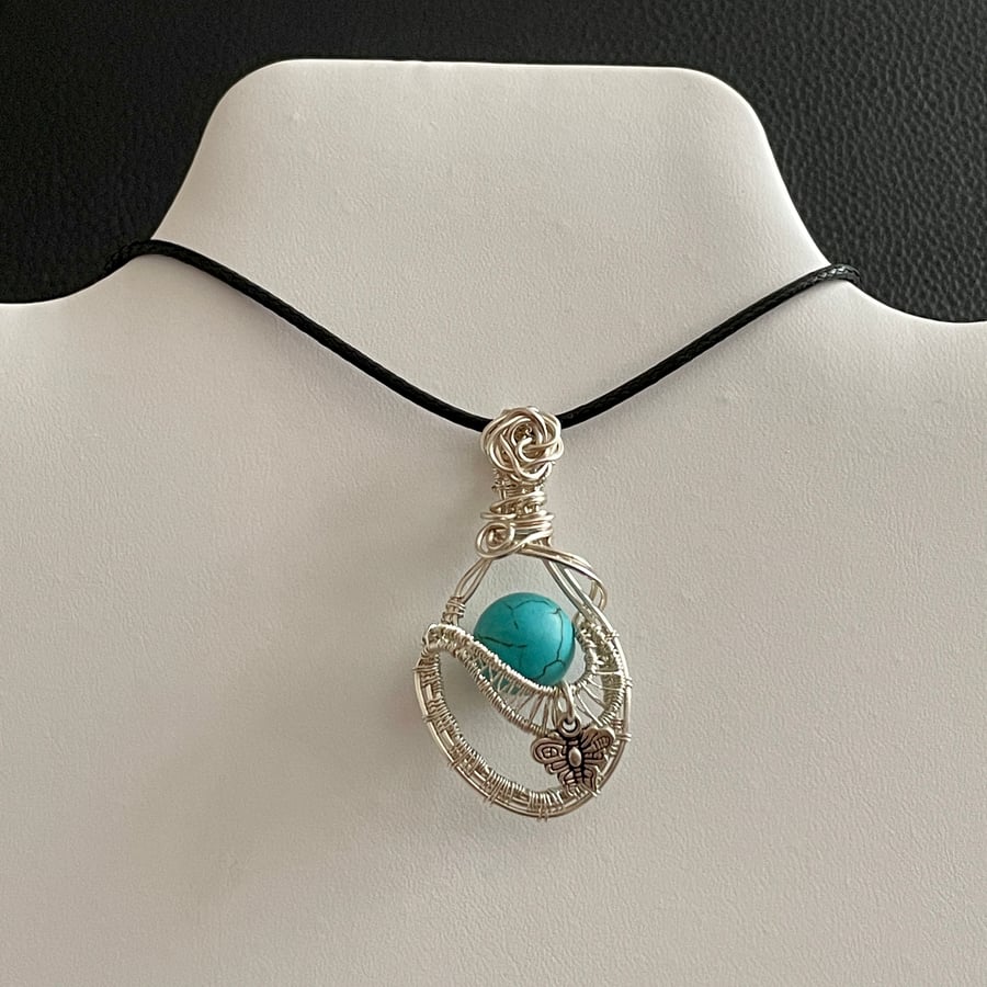Wire Wrapped Turquoise Moth Charm Pendant