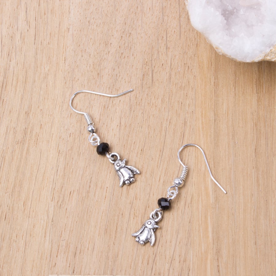 Penguin earrings - Silver dangle earrings with black beads