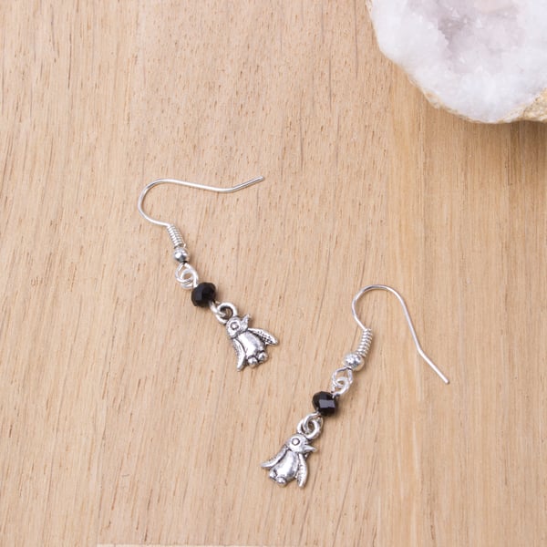 Penguin earrings - Silver dangle earrings with black beads