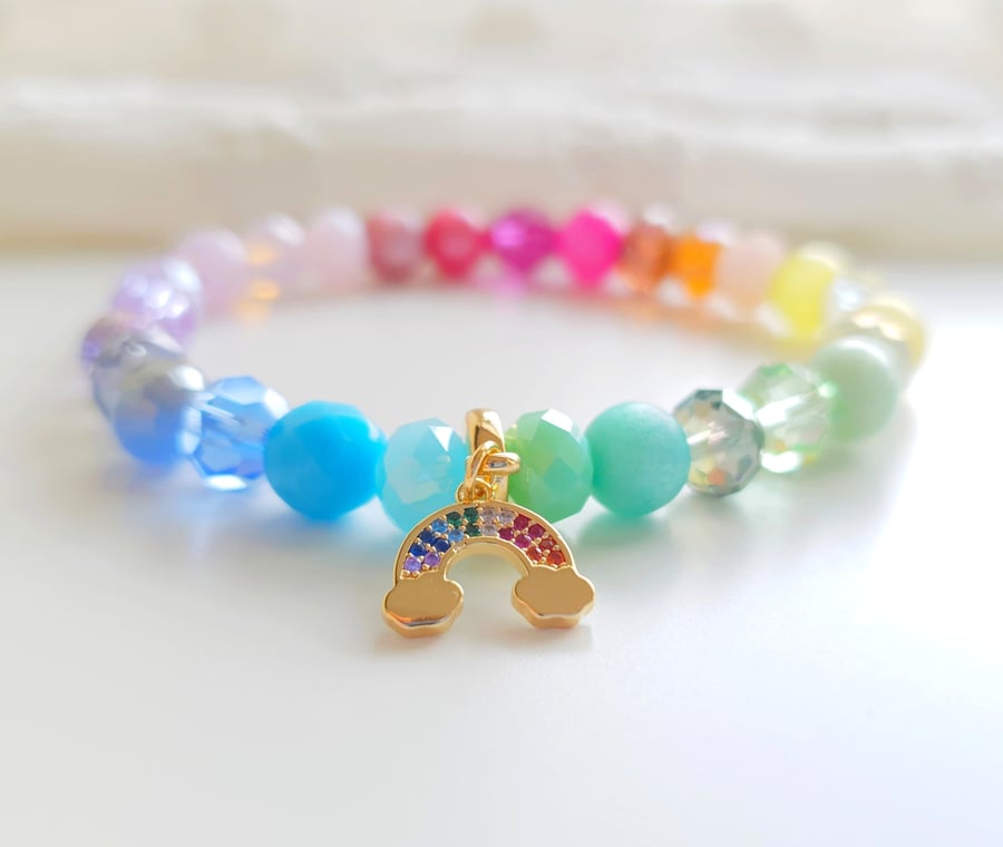 Rainbow Mixed Bead Elasticated Bracelet With Gold Sparkly Pave Rainbow Charm