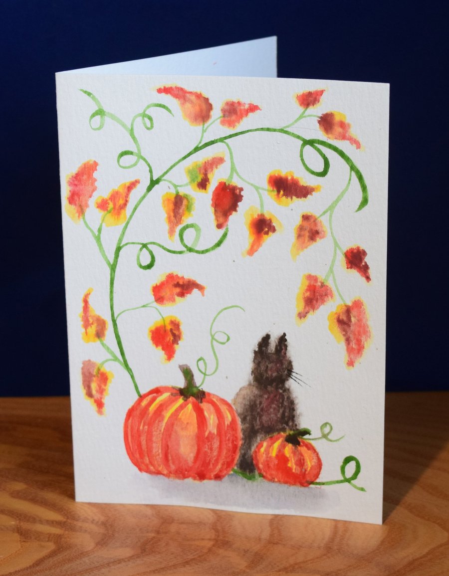 Cat with pumpkins - Greeting card, handpainted watercolour