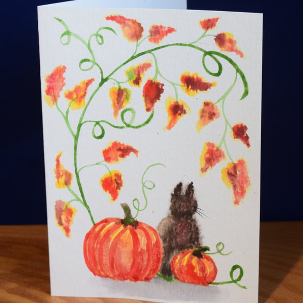 Cat with pumpkins - Greeting card, handpainted watercolour