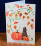Cat with pumpkins - Greeting card, handpainted watercolour