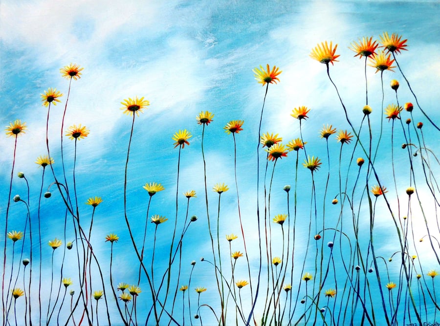 Colourful Daisy Flowers  Modern Oil Landscape Painting: Summertime Wall Art
