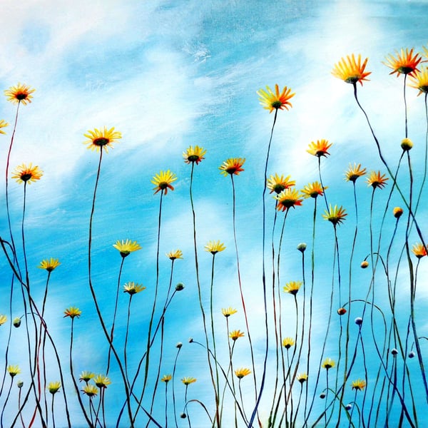 Colourful Daisy Flowers  Modern Oil Landscape Painting: Summertime Wall Art