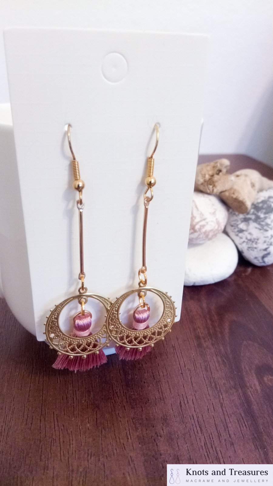 SALE Gold and Pink Tassel Dangle Earrings