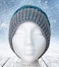 Crochet hat, beanie. Blue and grey ombre ladies swirl pom pom hat. Ladies hat. - Image 2