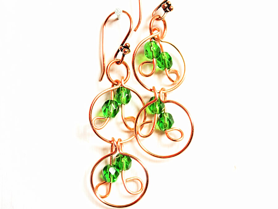Handmade green faceted glass bead and copper multi link dangle earrings
