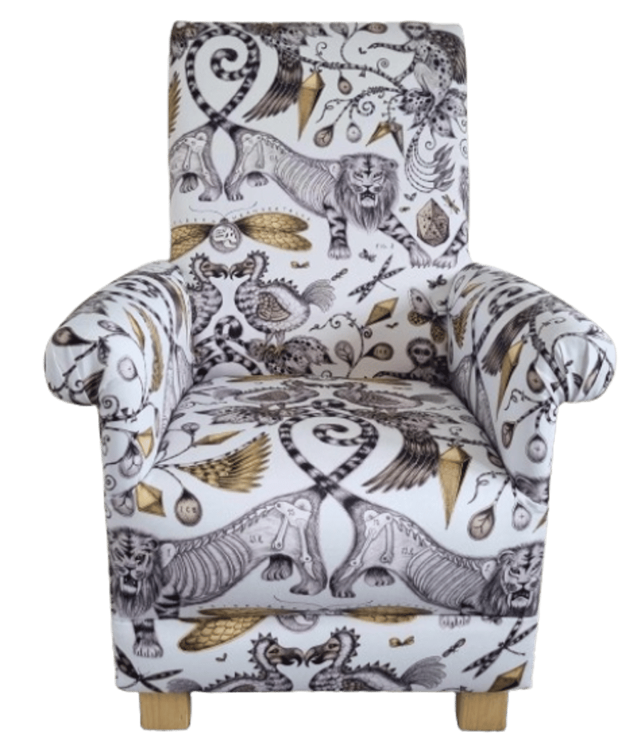 Emma Shipley Extinct Gold Fabric Adult Chair Armchair Accent Lions Animals Small