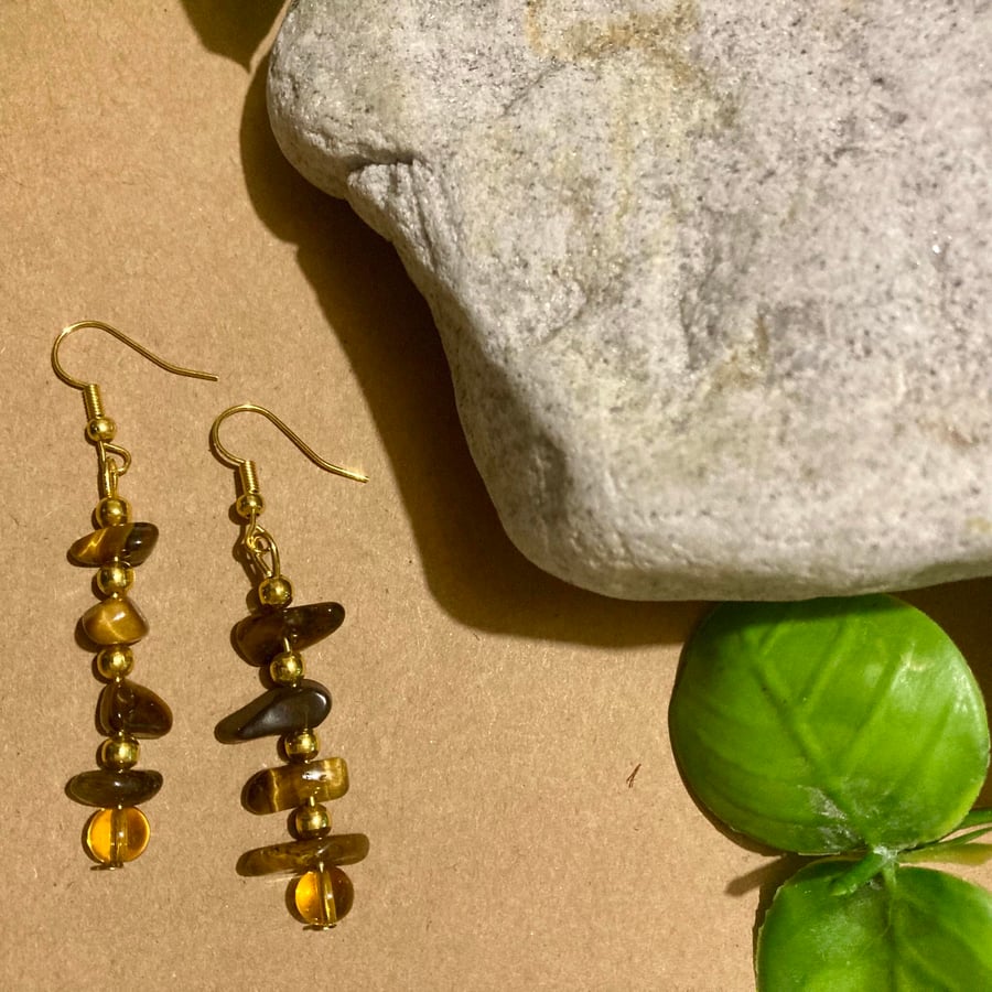 Gold Earrings with Tigers Eye stone - Dangle, Drop 1.5”