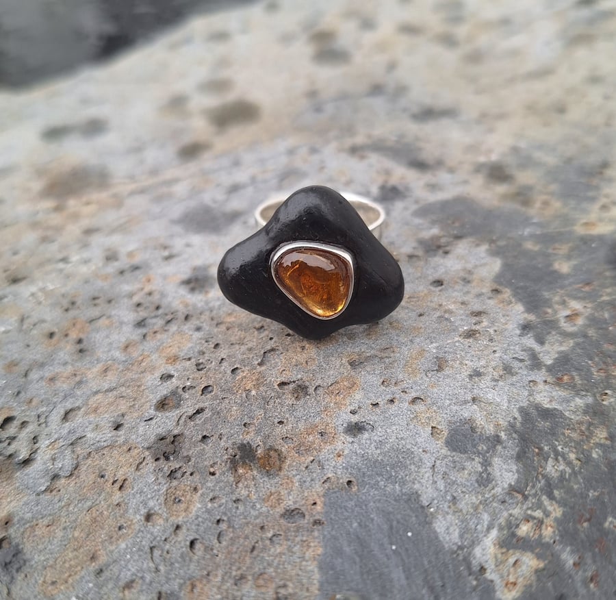 Silver ring with bogwood and citrine.