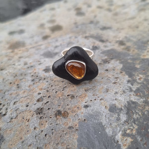 Silver ring with bogwood and citrine.