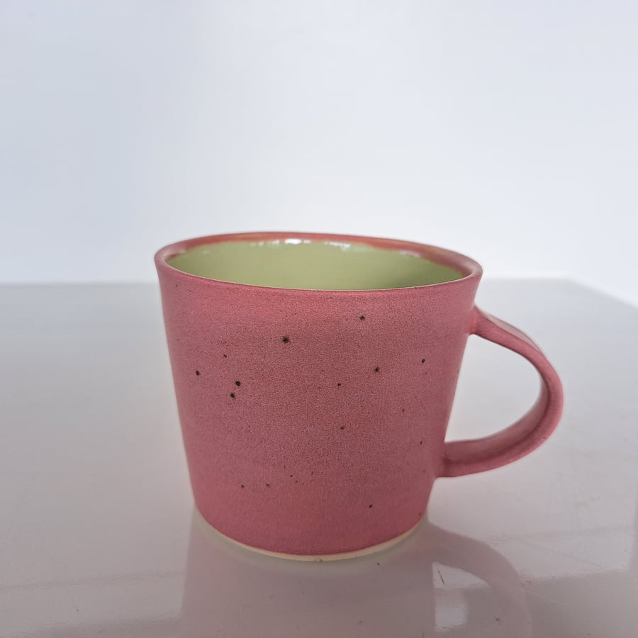 HAND MADE STONEWARE MUG - glazed in pale green and pink