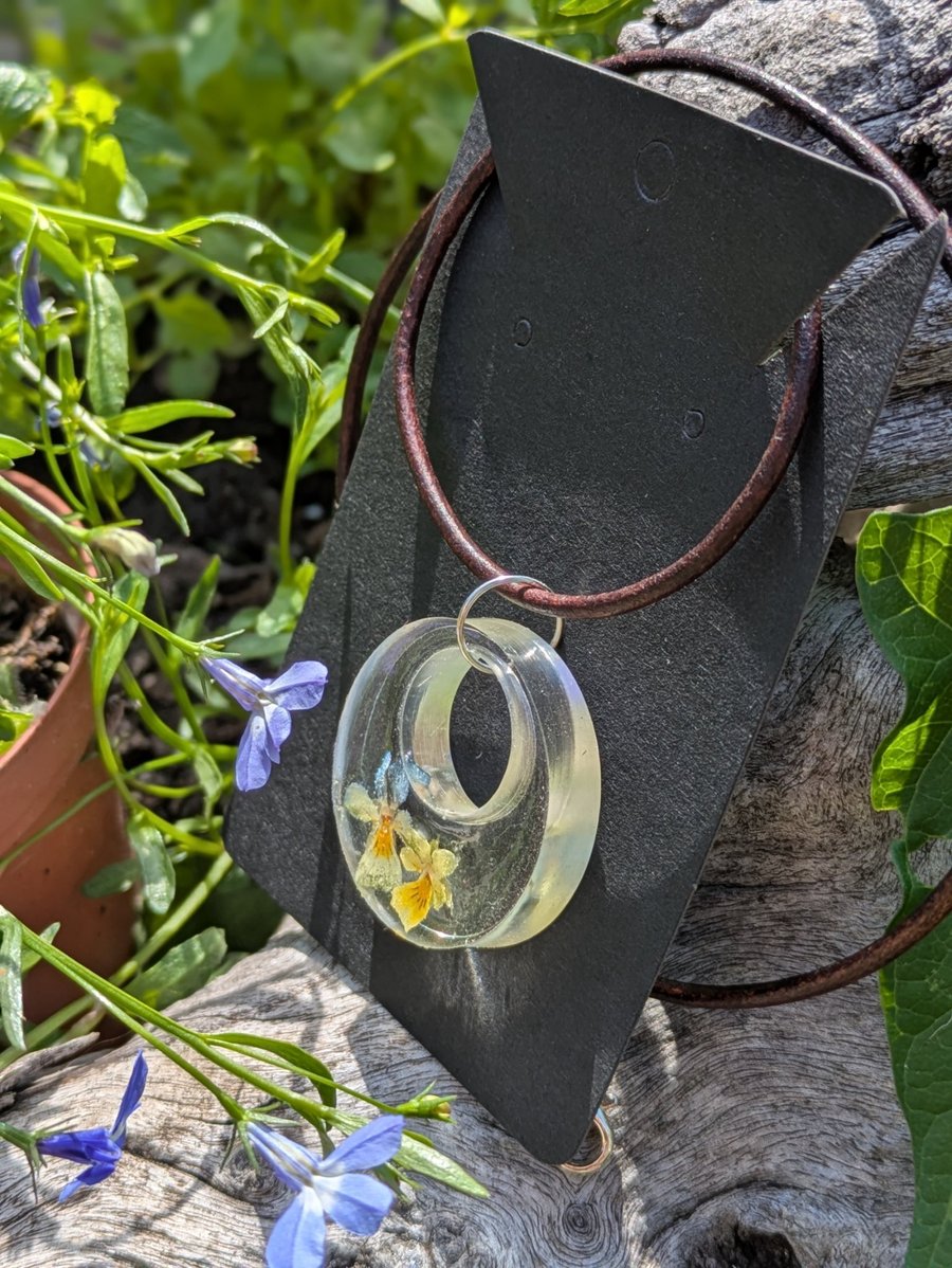 Mini Pansies Clear Pendant - antique leather necklace 