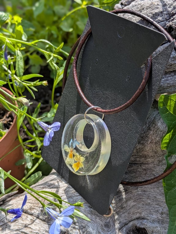 Mini Pansies Clear Pendant - antique leather necklace 