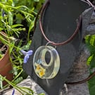 Mini Pansies Clear Pendant - antique leather necklace 