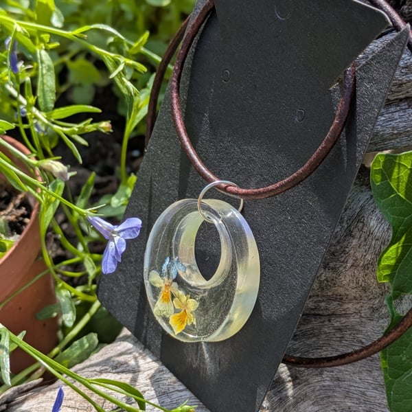 Mini Pansies Clear Pendant - antique leather necklace 