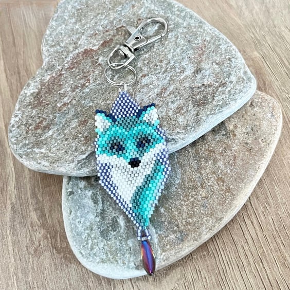 Turquoise blue beadwork fox keyring or bag charm