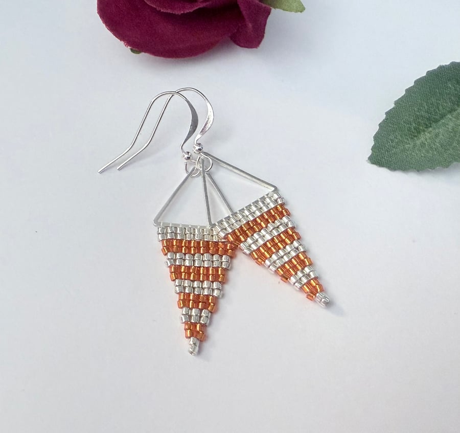 Vivid orange and silver beadwork triangle earrings