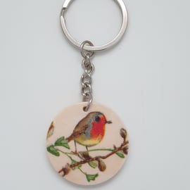 Robin wooden keyring, gift for a bird lover