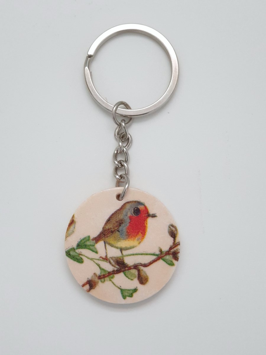 Robin wooden keyring, gift for a bird lover