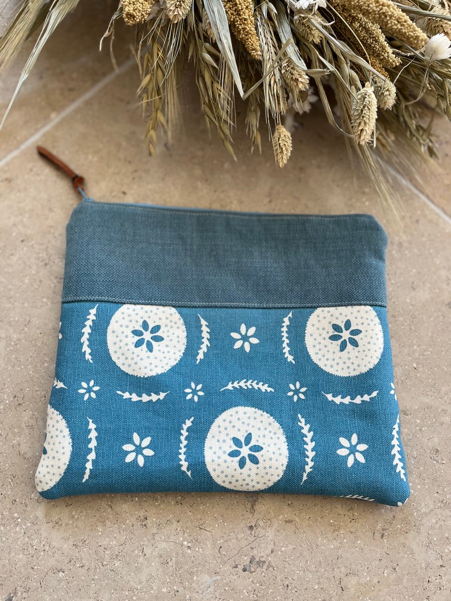 Blue and white book pouch zip bag clutch with Vanessa Arbuthnott linen