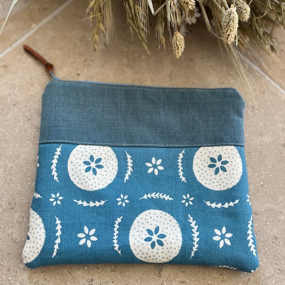 Blue and white book pouch zip bag clutch with Vanessa Arbuthnott linen
