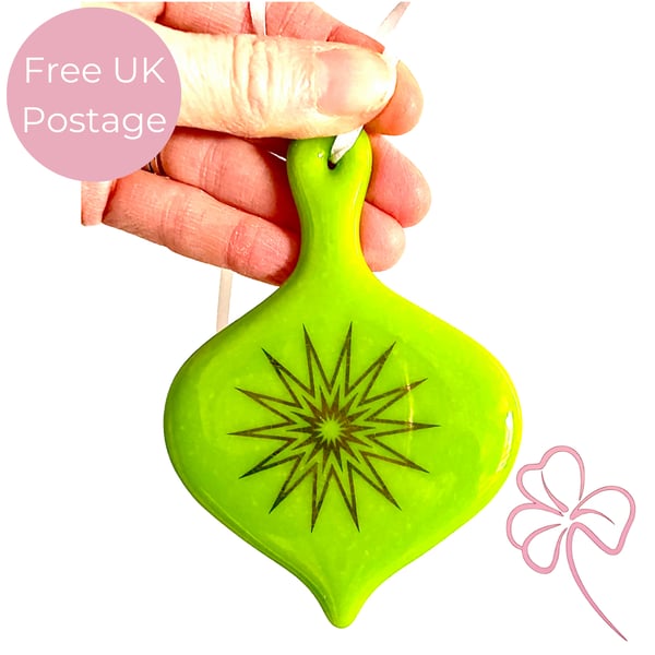 Spring Green & Silver Bauble Shaped Glass Christmas Decoration 
