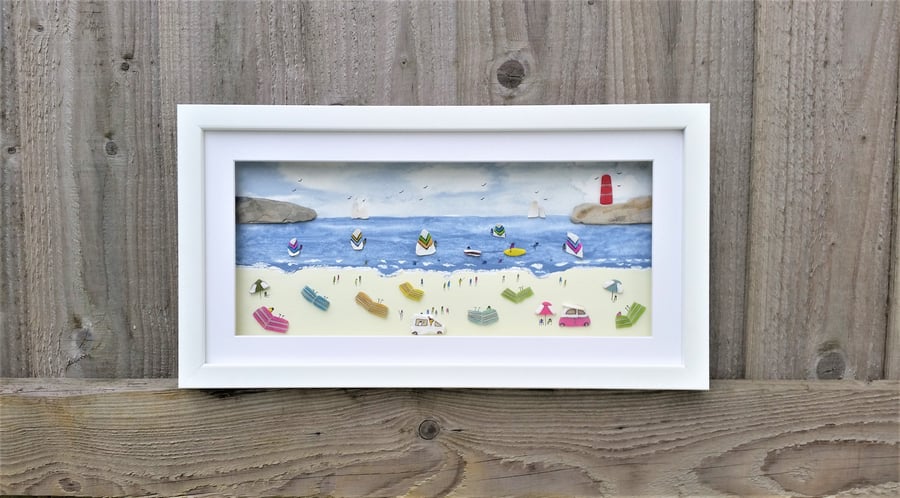 Coastal Wall  Decor, Sea Glass Art, Cornish Summer Holiday Beach Scene