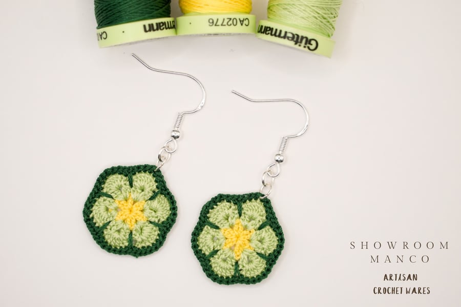 Floral crochet earrings with sterling silver hooks, drop earrings, gift for her