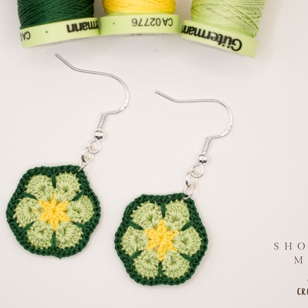 Floral crochet earrings with sterling silver hooks, drop earrings, gift for her