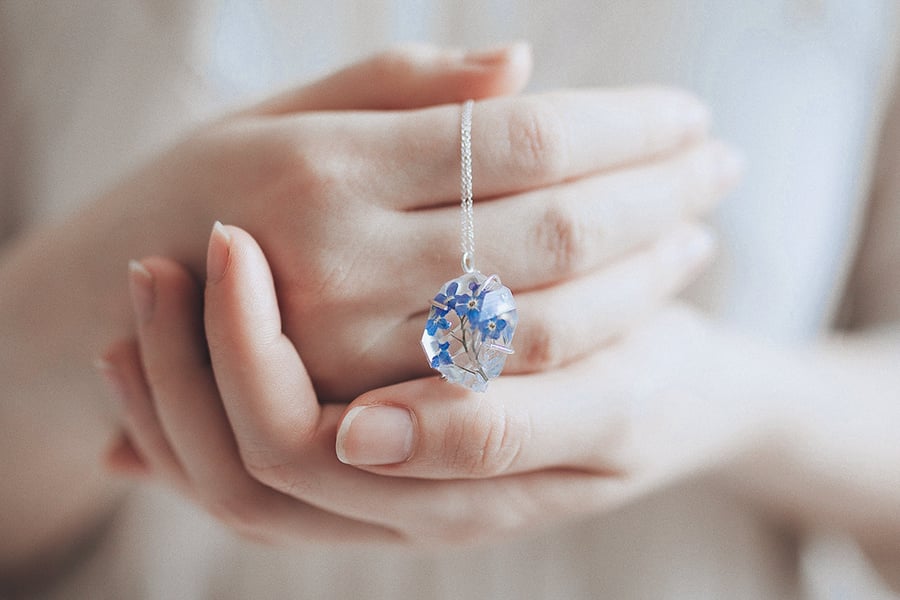 Forget Me Nots Necklace "Herkimer Diamond" Necklace Pressed Flower Jewelry Gifts
