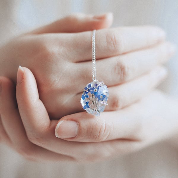 Forget Me Nots Necklace "Herkimer Diamond" Necklace Pressed Flower Jewelry Gifts