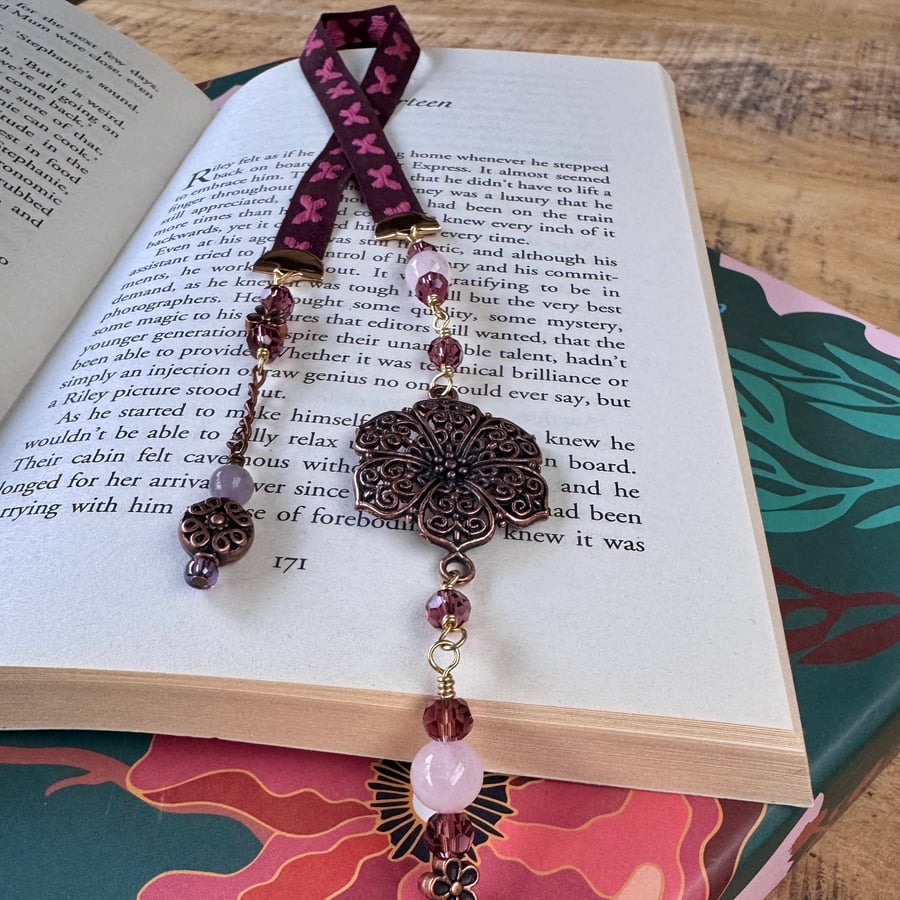 Handmade ribbon book mark with antique bronze flower, purple and pink beads.