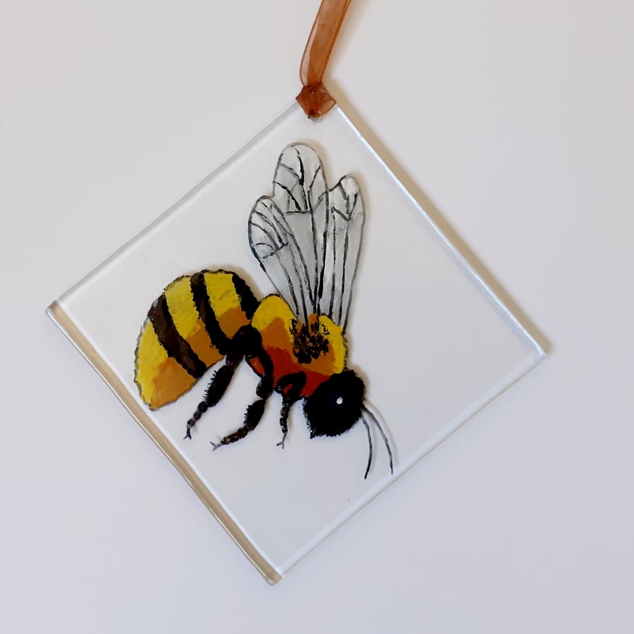 Fused glass painted bee suncatcher hanging decoration, No 2
