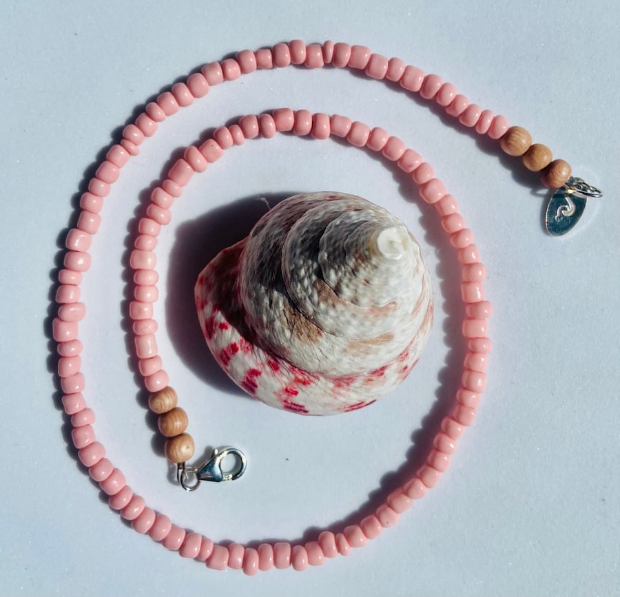 Pastel Pink Czech Glass & Rosewood Bead Necklace with Sterling Silver Detail