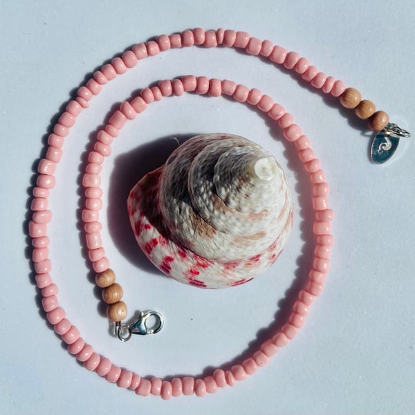 Pastel Pink Czech Glass & Rosewood Bead Necklace with Sterling Silver Detail