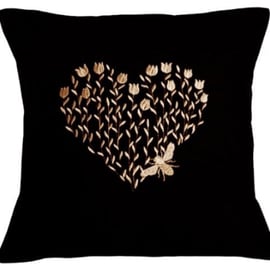 Rose Gold Bee Heart Embroidered Cushion Cover, BLACK 