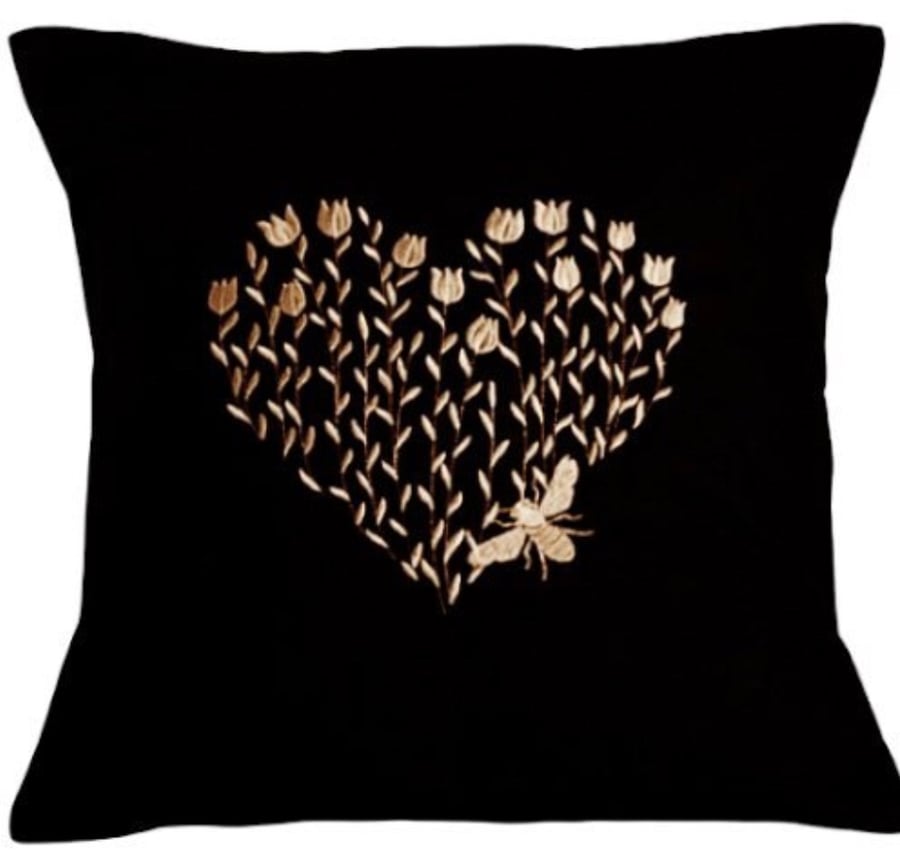 Rose Gold Bee Heart Embroidered Cushion Cover, BLACK 