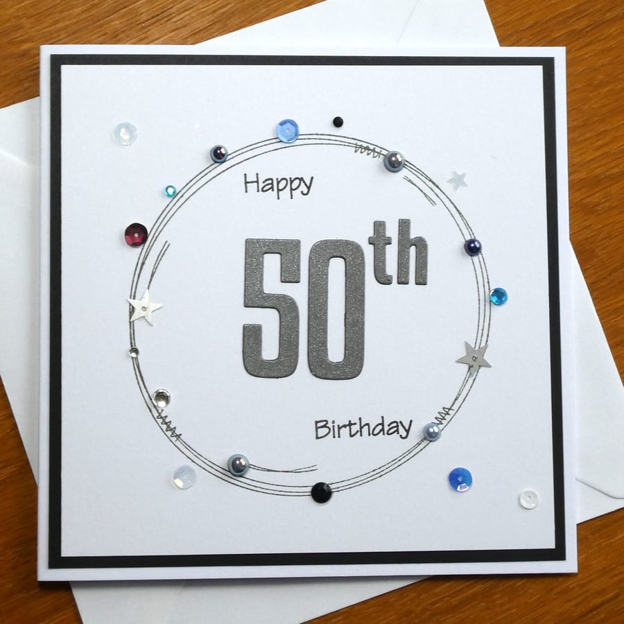 50th Birthday Card - Silver Grey Wreath Design 