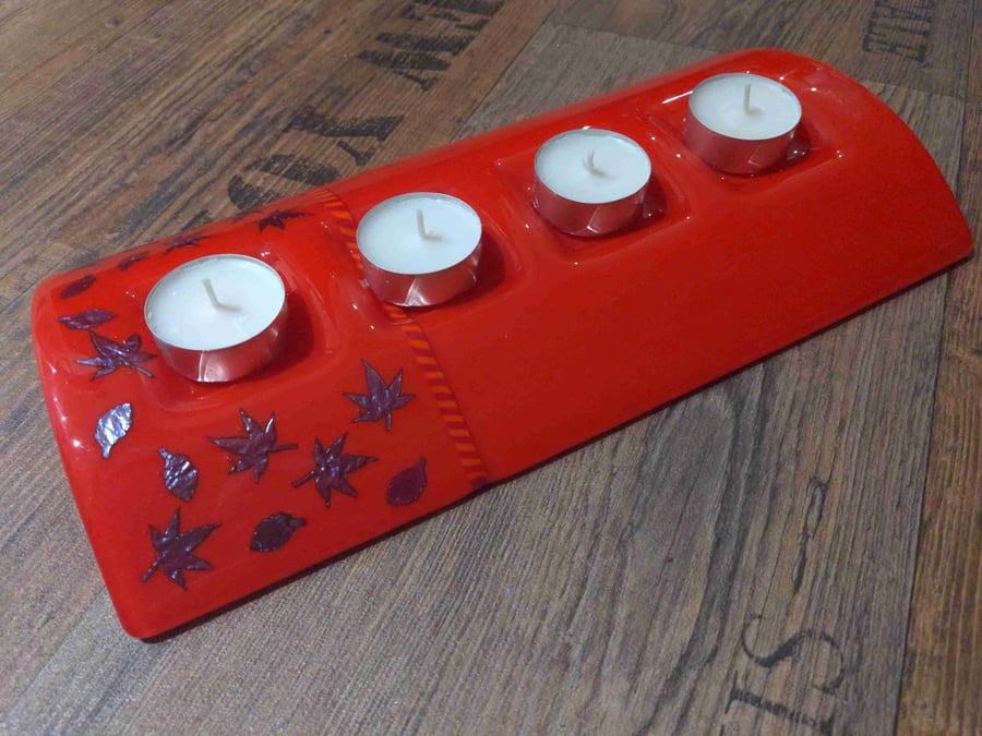 Candle bridge Fused glass Red copper leaves