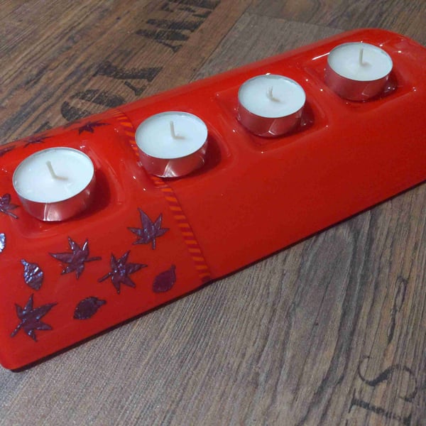 Candle bridge Fused glass Red copper leaves