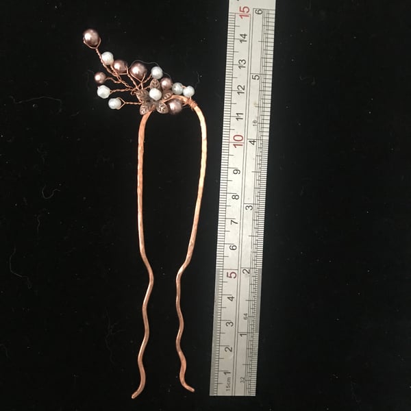 Hair Fork Pin - Solid Copper with Glass Pearls 