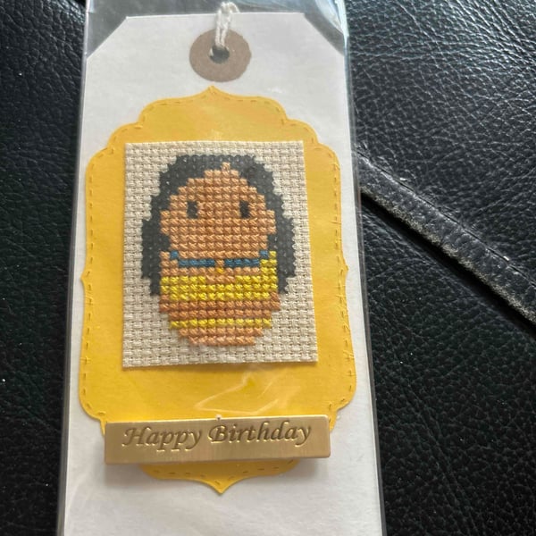 Cross stitched happy birthday gift tag 