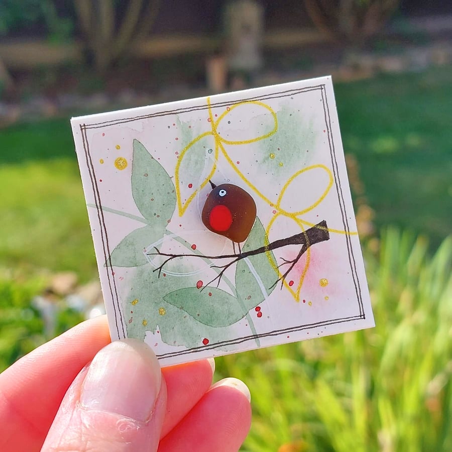 Handmade Sea Glass Robin - Original Watercolour Mini Canvas Fridge Magnet