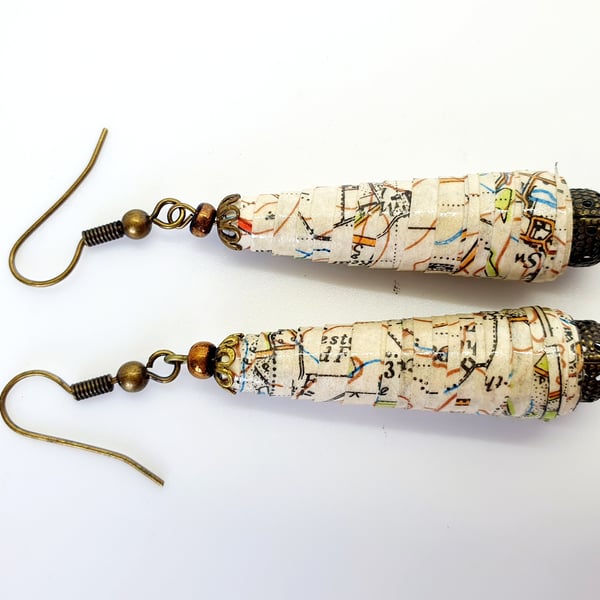 Paper beaded earrings made with old map of Oxford 