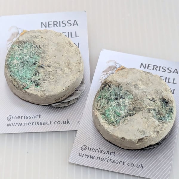Aqua blue textile and papercrete Mixed Media Round 50mm Brooches