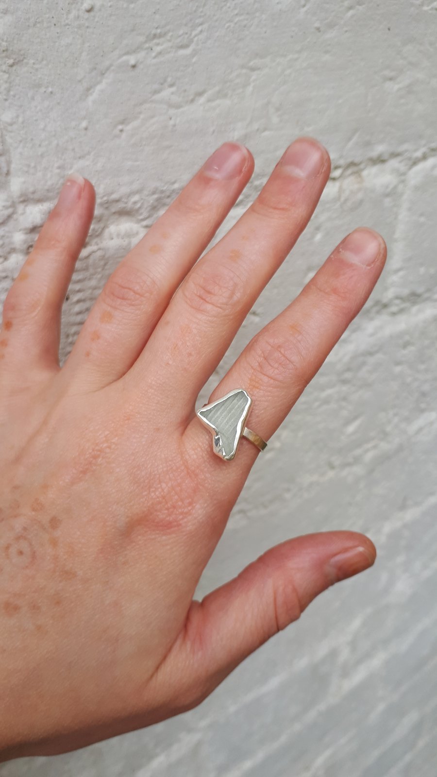 Silver grey sea glass ring